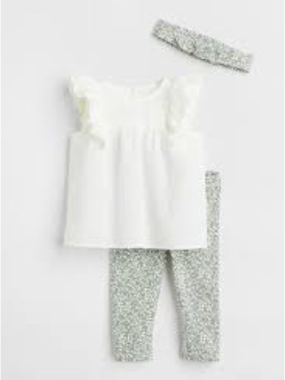 H&M - Baby Girl White Flutter Sleeve Top with Green Floral Leggings & Headband